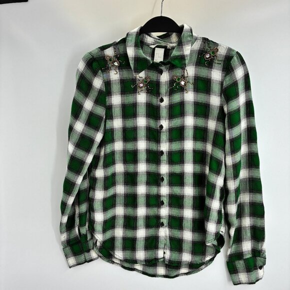 H&M Women's Green Plaid Shirt Size 4 Embellished Beaded Bugs - Picture 1 of 6
